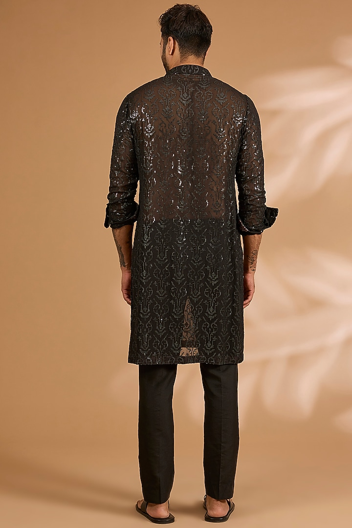 Black Georgette Sequins Work Bundi Jacket Set by Rabani & Rakha Men at Pernia's Pop Up Shop