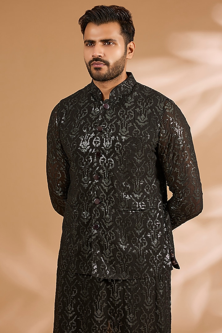 Black Georgette Sequins Work Bundi Jacket Set by Rabani & Rakha Men at Pernia's Pop Up Shop
