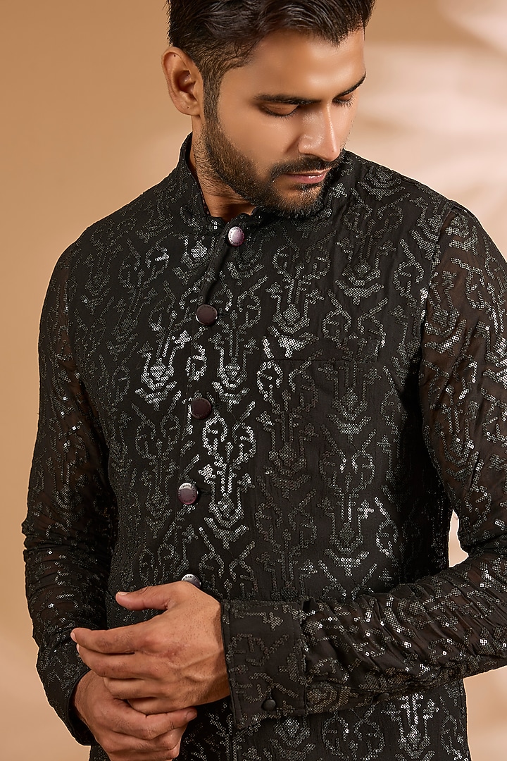 Black Georgette Sequins Work Bundi Jacket Set by Rabani & Rakha Men at Pernia's Pop Up Shop