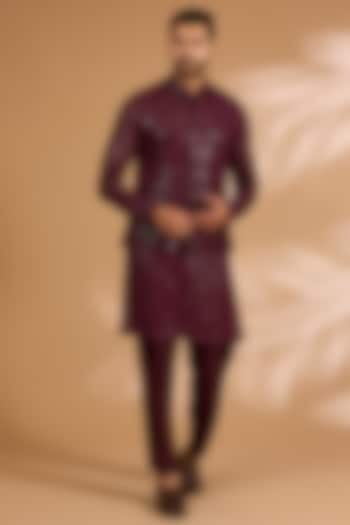 Ox-Blood Georgette Sequins Work Bundi Jacket Set by Rabani & Rakha Men at Pernia's Pop Up Shop