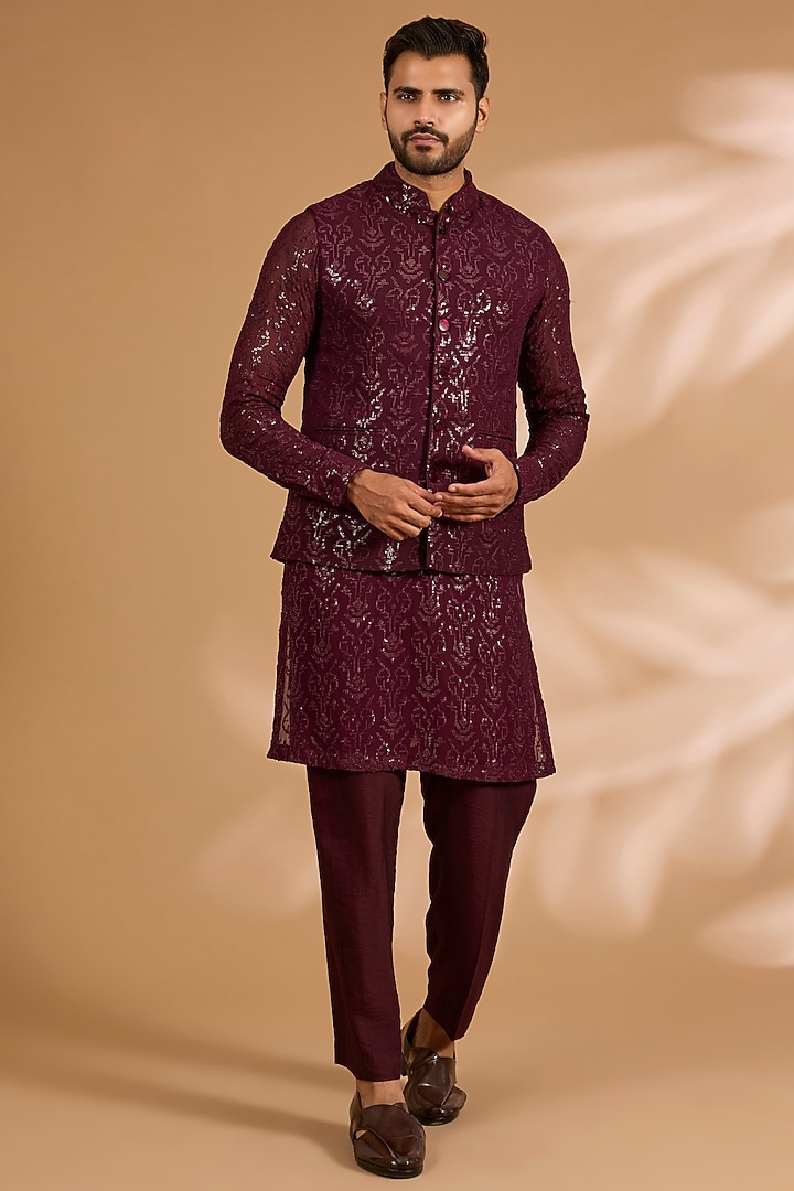 Ox-Blood Georgette Sequins Work Bundi Jacket Set by Rabani & Rakha Men at Pernia's Pop Up Shop