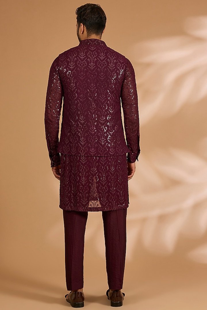 Ox-Blood Georgette Sequins Work Bundi Jacket Set by Rabani & Rakha Men at Pernia's Pop Up Shop