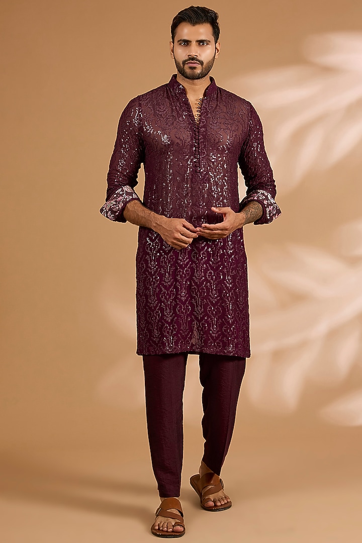 Ox-Blood Georgette Sequins Work Bundi Jacket Set by Rabani & Rakha Men at Pernia's Pop Up Shop