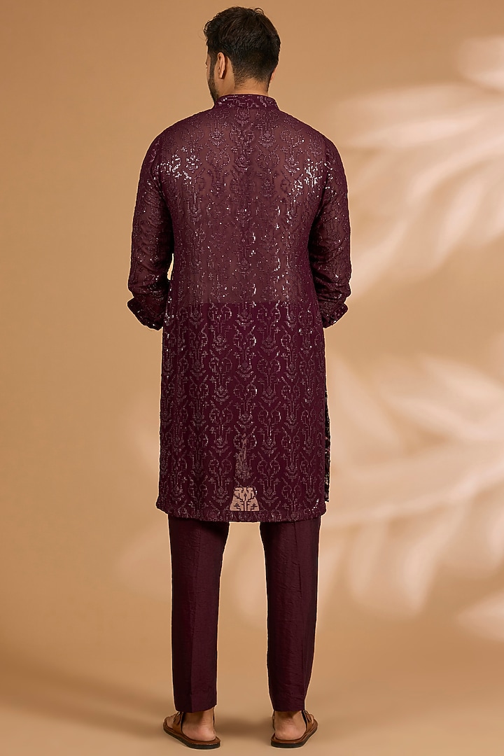 Ox-Blood Georgette Sequins Work Bundi Jacket Set by Rabani & Rakha Men at Pernia's Pop Up Shop