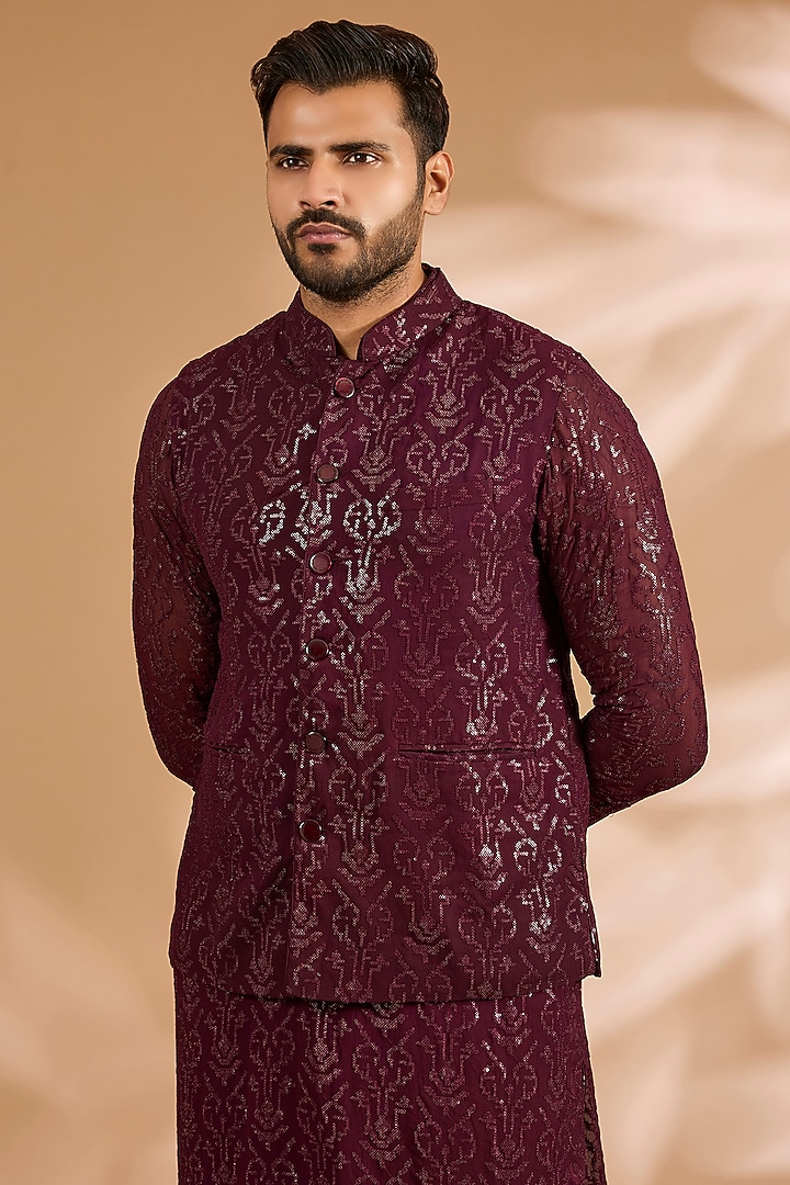 Ox-Blood Georgette Sequins Work Bundi Jacket Set by Rabani & Rakha Men at Pernia's Pop Up Shop