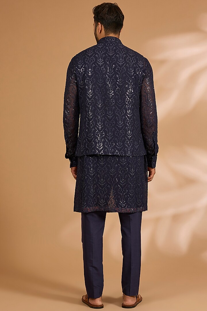 Blue Georgette Sequins Work Bundi Jacket Set by Rabani & Rakha Men at Pernia's Pop Up Shop