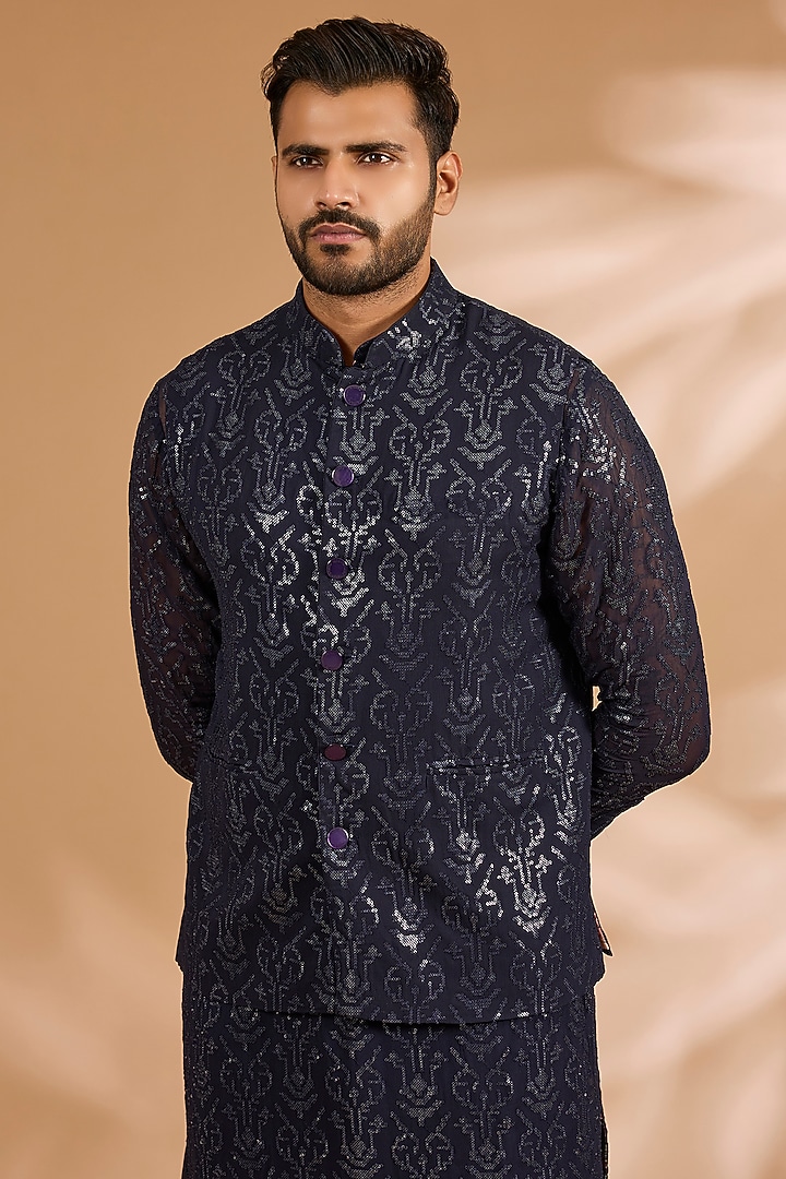 Blue Georgette Sequins Work Bundi Jacket Set by Rabani & Rakha Men at Pernia's Pop Up Shop