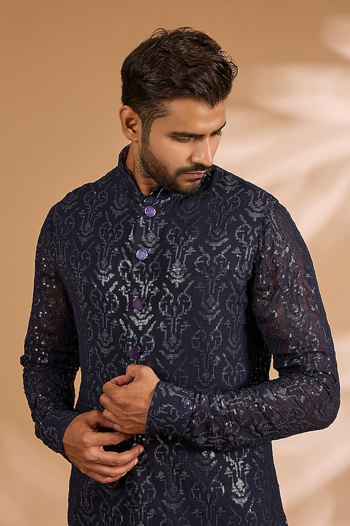 Blue Georgette Sequins Work Bundi Jacket Set by Rabani & Rakha Men at Pernia's Pop Up Shop