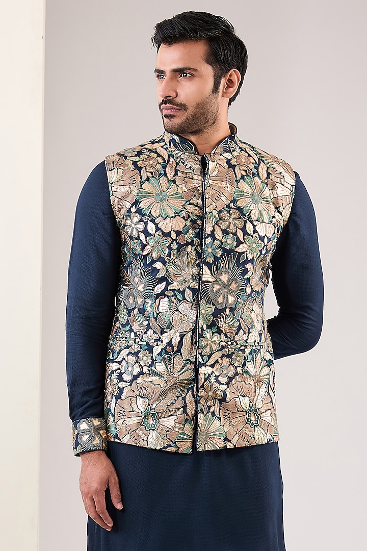 Blue Georgette Thread Embroidered Bundi Jacket by Rabani & Rakha Men