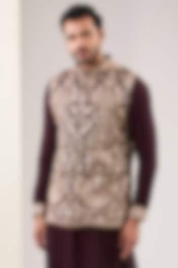 Ox Blood Georgette Thread Embroidered Bundi Jacket by Rabani & Rakha Men