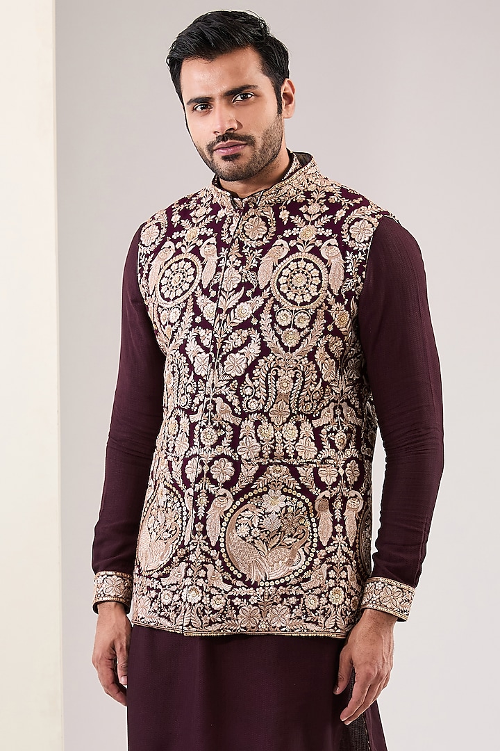 Ox Blood Georgette Thread Embroidered Bundi Jacket by Rabani & Rakha Men