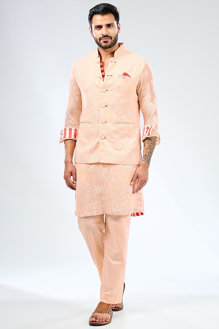 Pale Peach Georgette Thread Embroidered Bundi Jacket Set by Rabani & Rakha Men