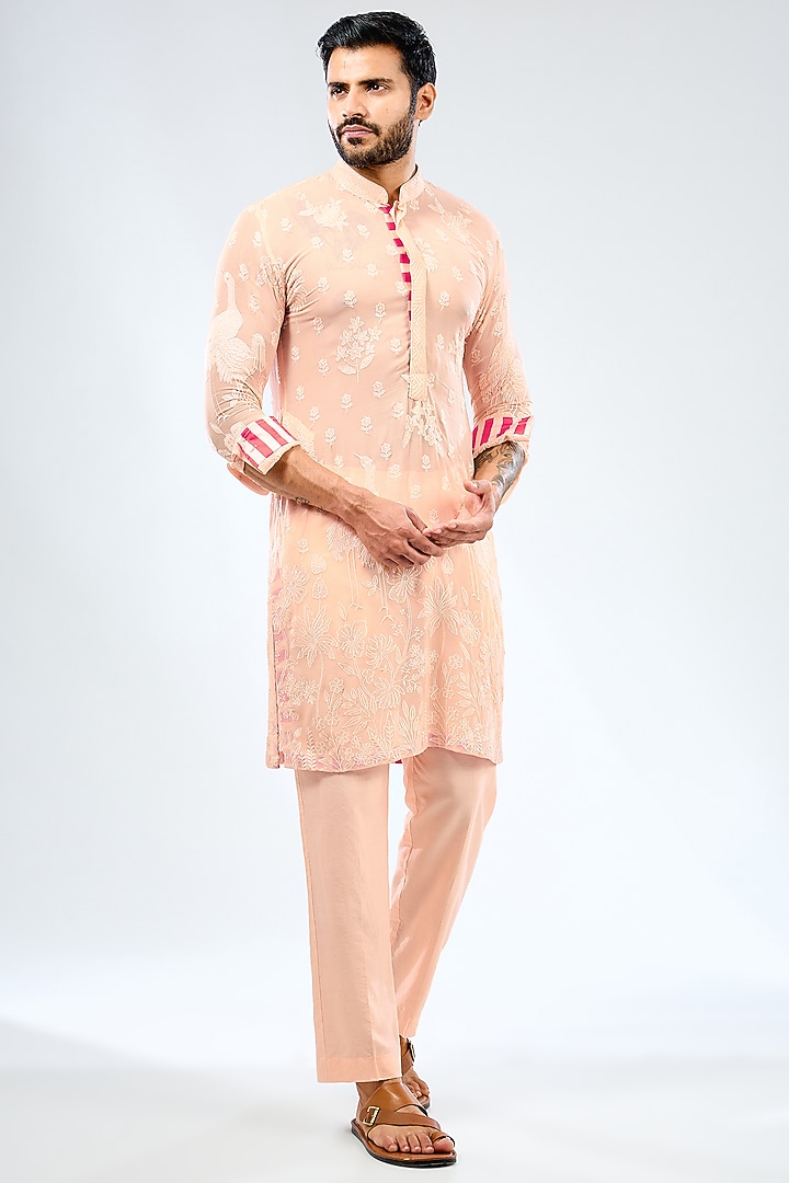 Pale Peach Georgette Thread Embroidered Bundi Jacket Set by Rabani & Rakha Men at Pernia's Pop Up Shop