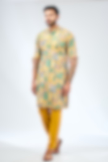 Multi-Colored Silk Sequins Work & Printed Kurta Set by Rabani & Rakha Men