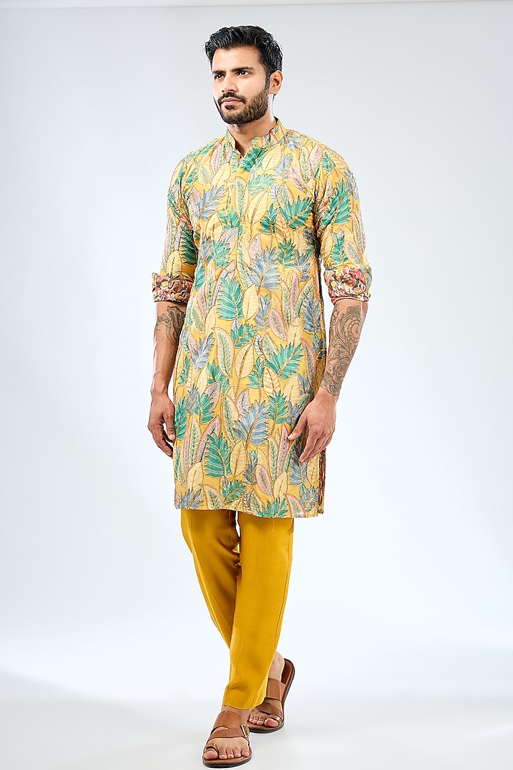 Multi-Colored Silk Sequins Work & Printed Kurta Set by Rabani & Rakha Men