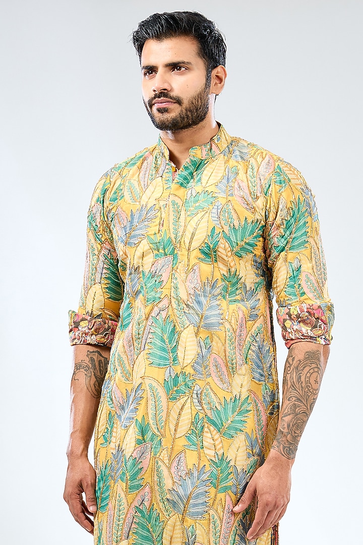 Multi-Colored Silk Sequins Work & Printed Kurta Set by Rabani & Rakha Men at Pernia's Pop Up Shop