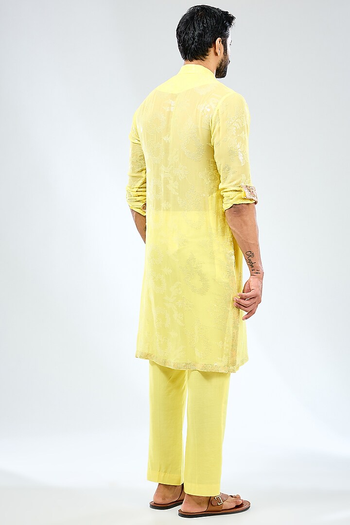 Lemon Yellow Georgette Thread Embroidered & Printed Kurta Set by Rabani & Rakha Men at Pernia's Pop Up Shop