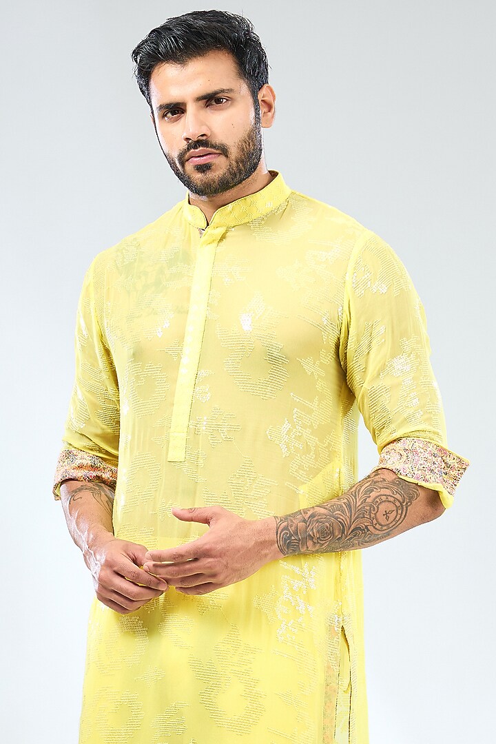 Lemon Yellow Georgette Thread Embroidered & Printed Kurta Set by Rabani & Rakha Men at Pernia's Pop Up Shop