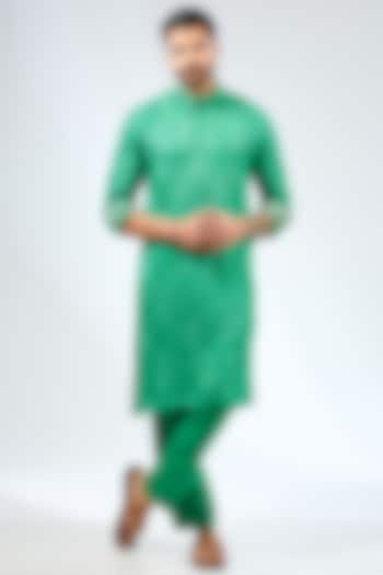 Emerald Green Georgette Thread Embroidered & Printed Kurta Set by Rabani & Rakha Men