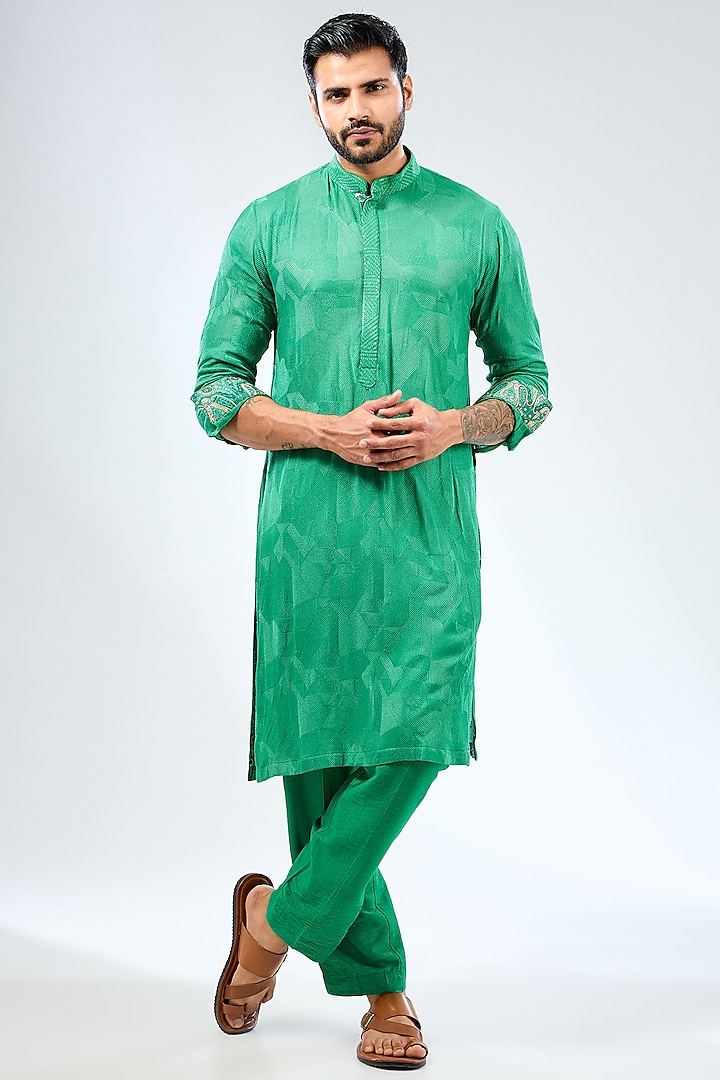 Emerald Green Georgette Thread Embroidered & Printed Kurta Set by Rabani & Rakha Men