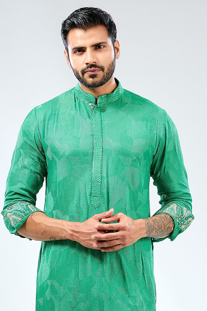 Emerald Green Georgette Thread Embroidered & Printed Kurta Set by Rabani & Rakha Men at Pernia's Pop Up Shop