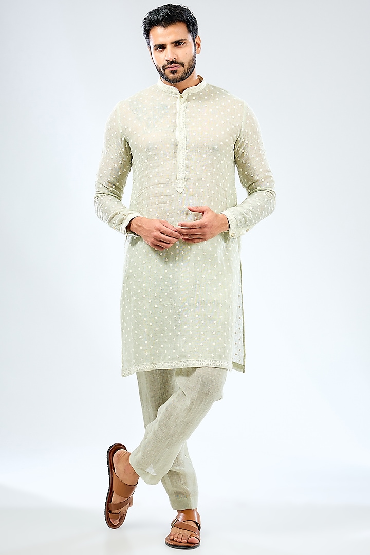 Sage Green Linen Threadwork Kurta Set by Rabani & Rakha Men