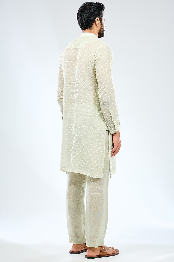 Sage Green Linen Threadwork Kurta Set by Rabani & Rakha Men at Pernia's Pop Up Shop