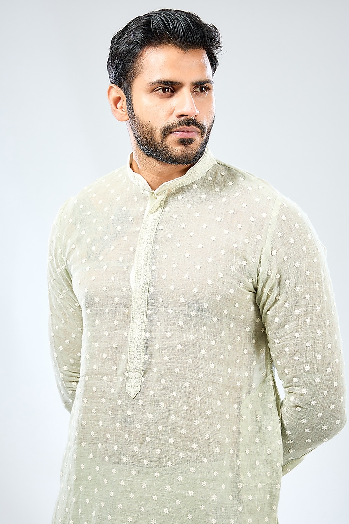 Sage Green Linen Threadwork Kurta Set by Rabani & Rakha Men at Pernia's Pop Up Shop