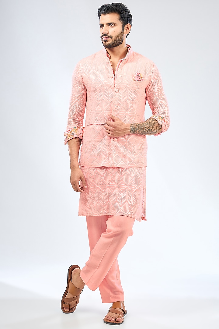 Pink Georgette Sequins Embroidered & Printed Bundi Jacket Set by Rabani & Rakha Men at Pernia's Pop Up Shop