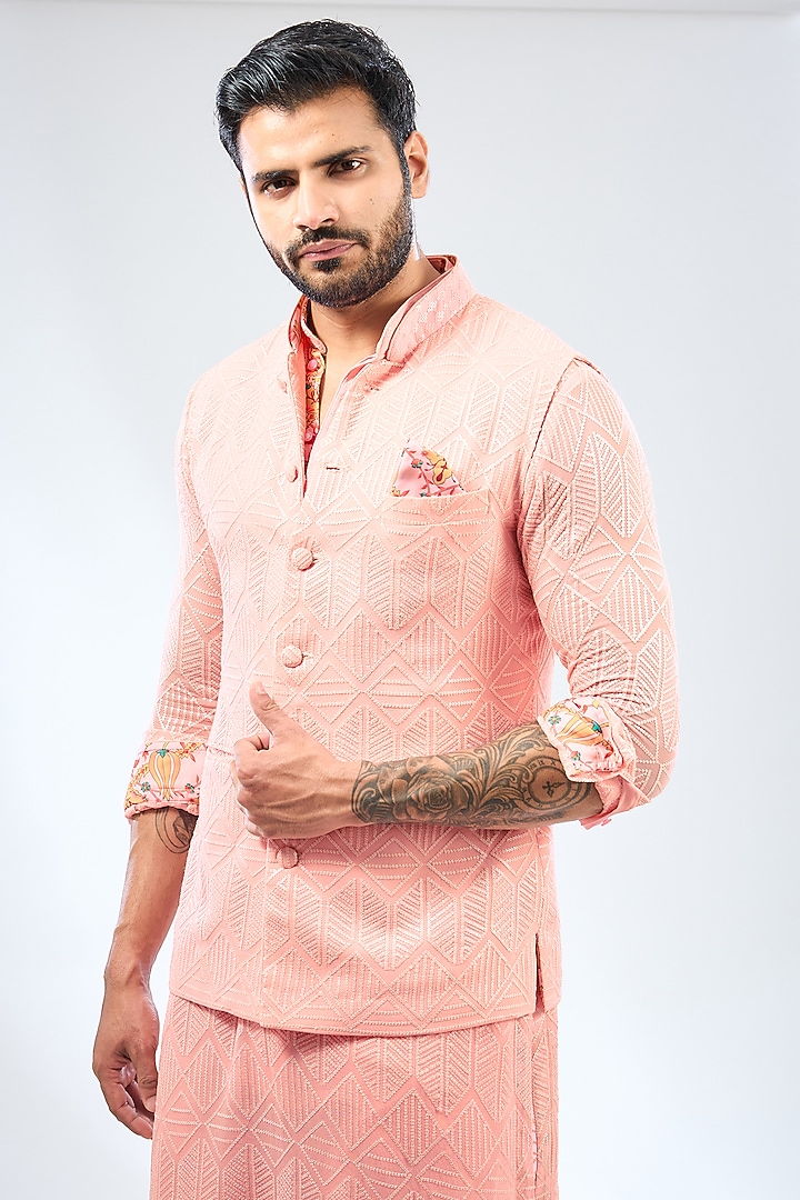 Pink Georgette Sequins Embroidered & Printed Bundi Jacket Set by Rabani & Rakha Men at Pernia's Pop Up Shop