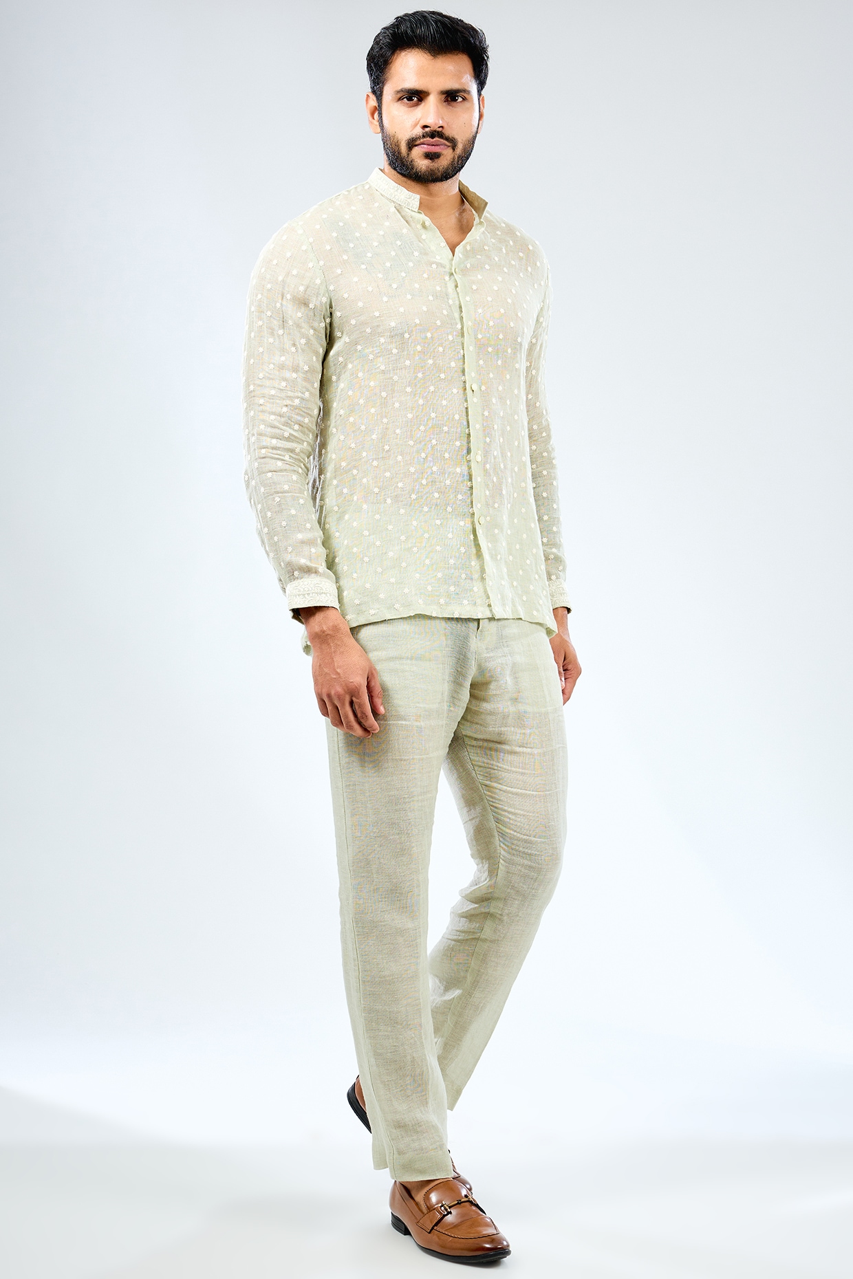 Sage Green Linen Threadwork Co-Ord Set by Rabani & Rakha Men at