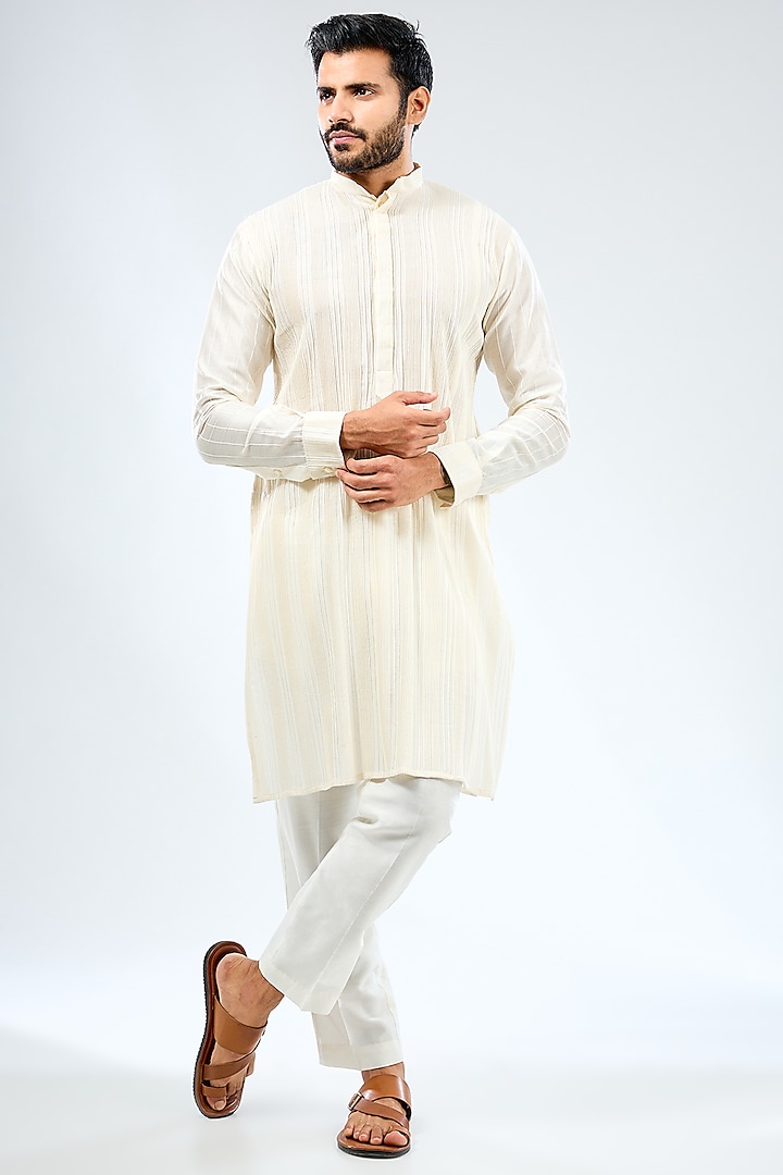 Ivory Silk Pintuck Kurta Set by Rabani & Rakha Men