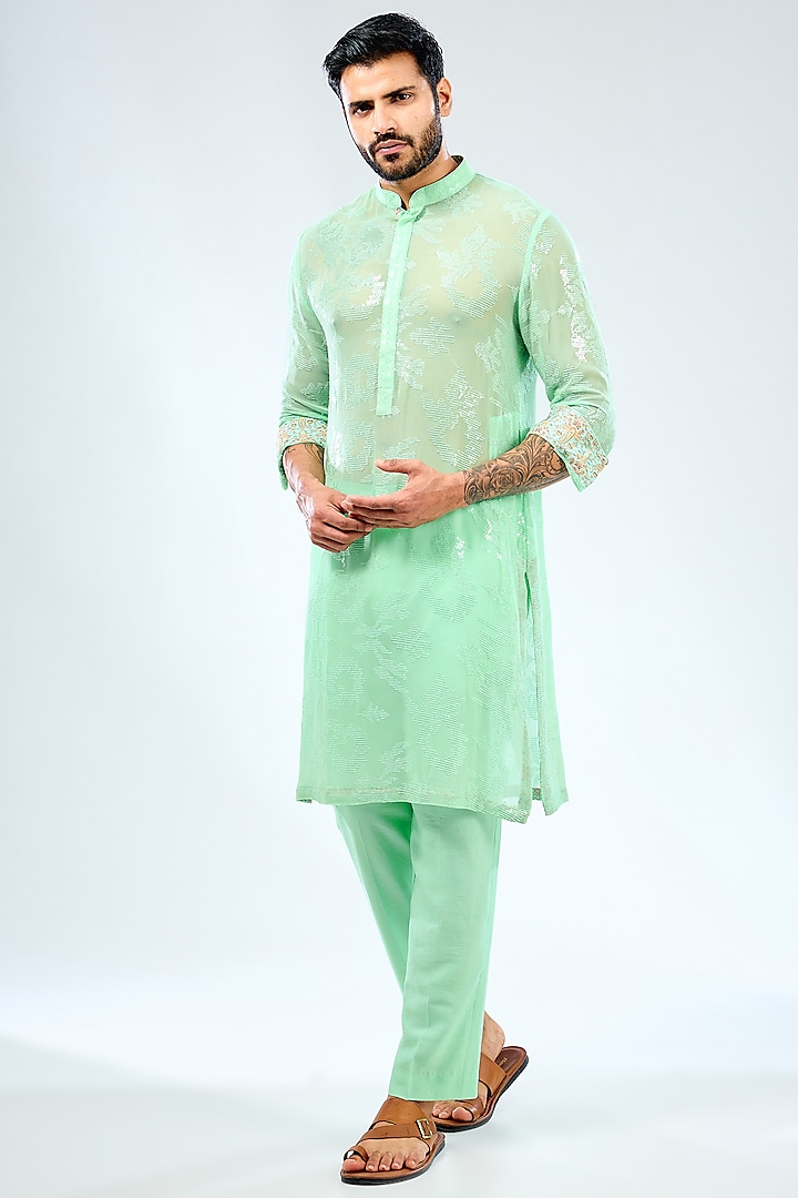 Aqua Georgette Sequins Embroidered & Printed Kurta Set by Rabani & Rakha Men