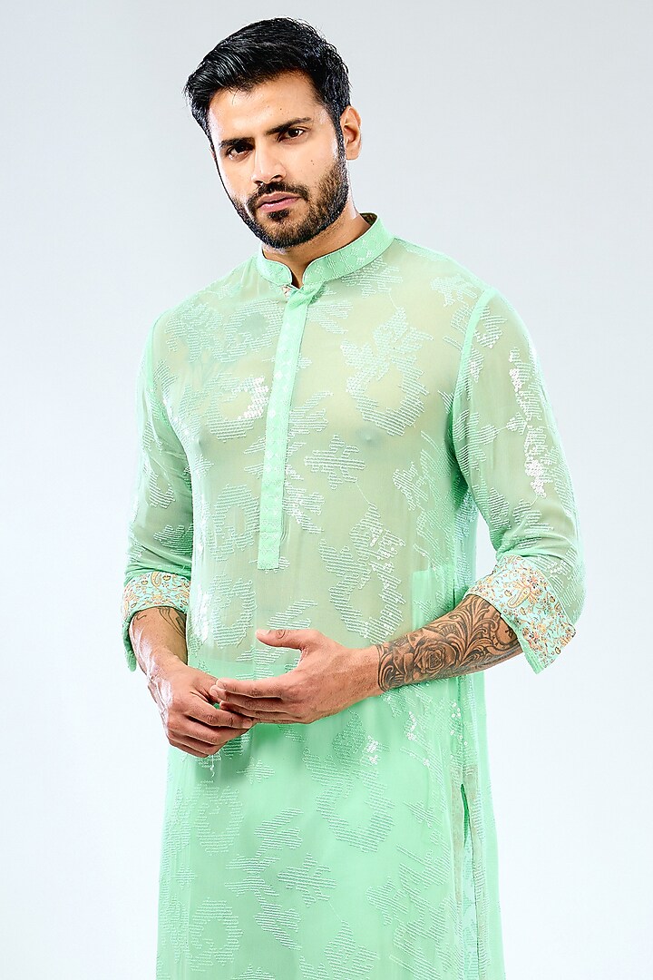 Aqua Georgette Sequins Embroidered & Printed Kurta Set by Rabani & Rakha Men at Pernia's Pop Up Shop