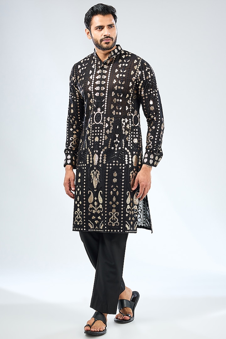 Black Georgette Threadwork Kurta Set by Rabani & Rakha Men