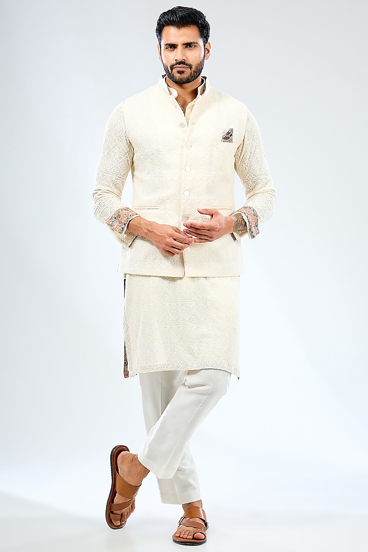 Ivory Georgette Thread Embroidered & Printed Bundi Jacket Set by Rabani & Rakha Men