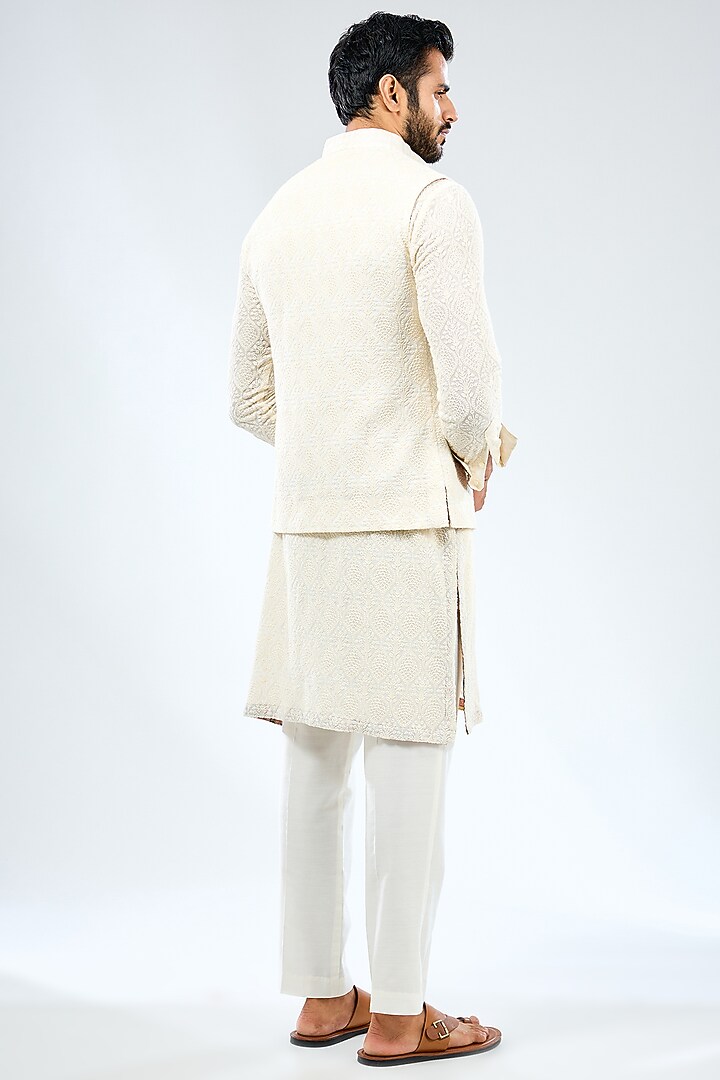 Ivory Georgette Thread Embroidered & Printed Bundi Jacket Set by Rabani & Rakha Men at Pernia's Pop Up Shop