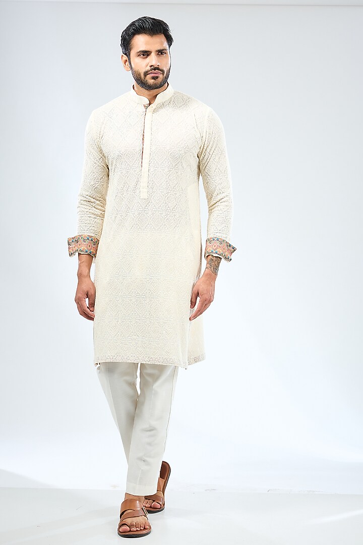 Ivory Georgette Thread Embroidered & Printed Bundi Jacket Set by Rabani & Rakha Men at Pernia's Pop Up Shop