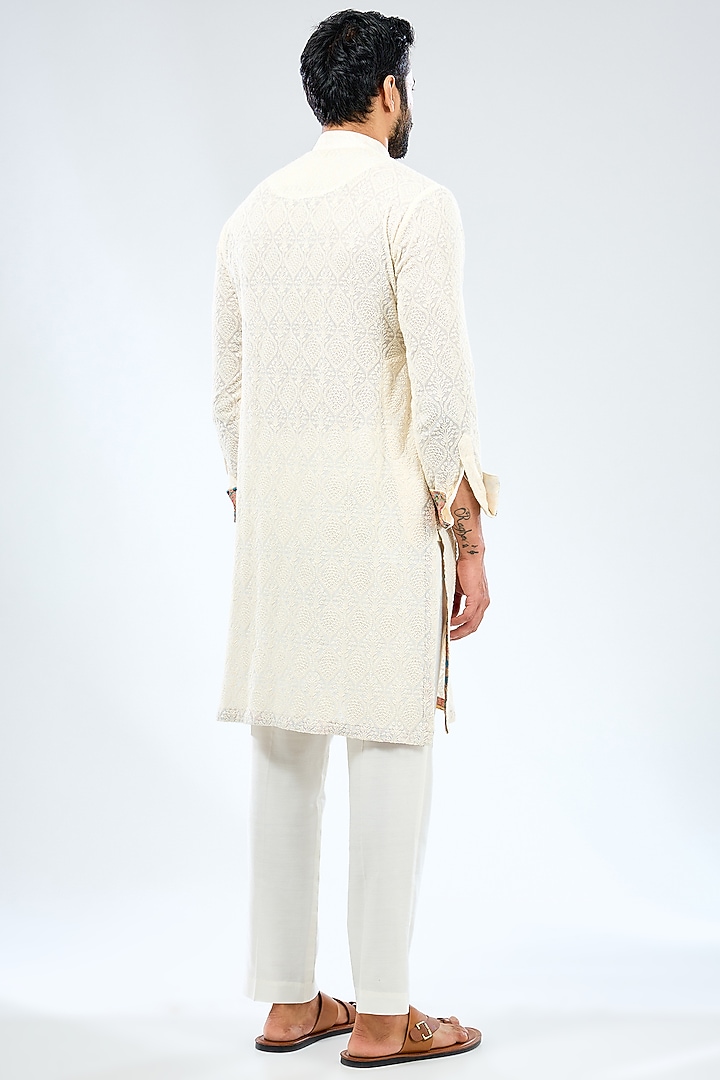 Ivory Georgette Thread Embroidered & Printed Bundi Jacket Set by Rabani & Rakha Men at Pernia's Pop Up Shop