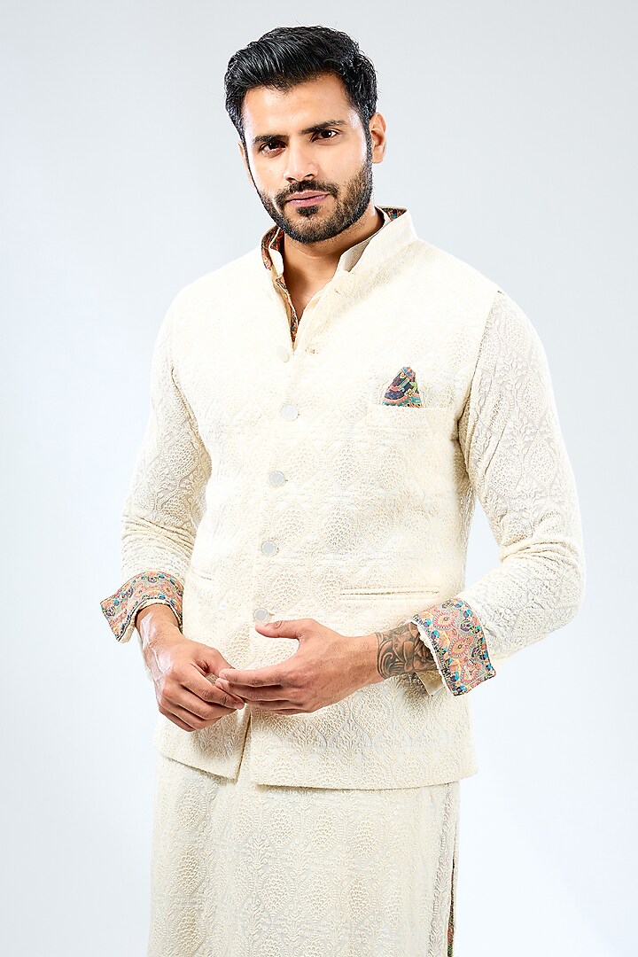 Ivory Georgette Thread Embroidered & Printed Bundi Jacket Set by Rabani & Rakha Men at Pernia's Pop Up Shop