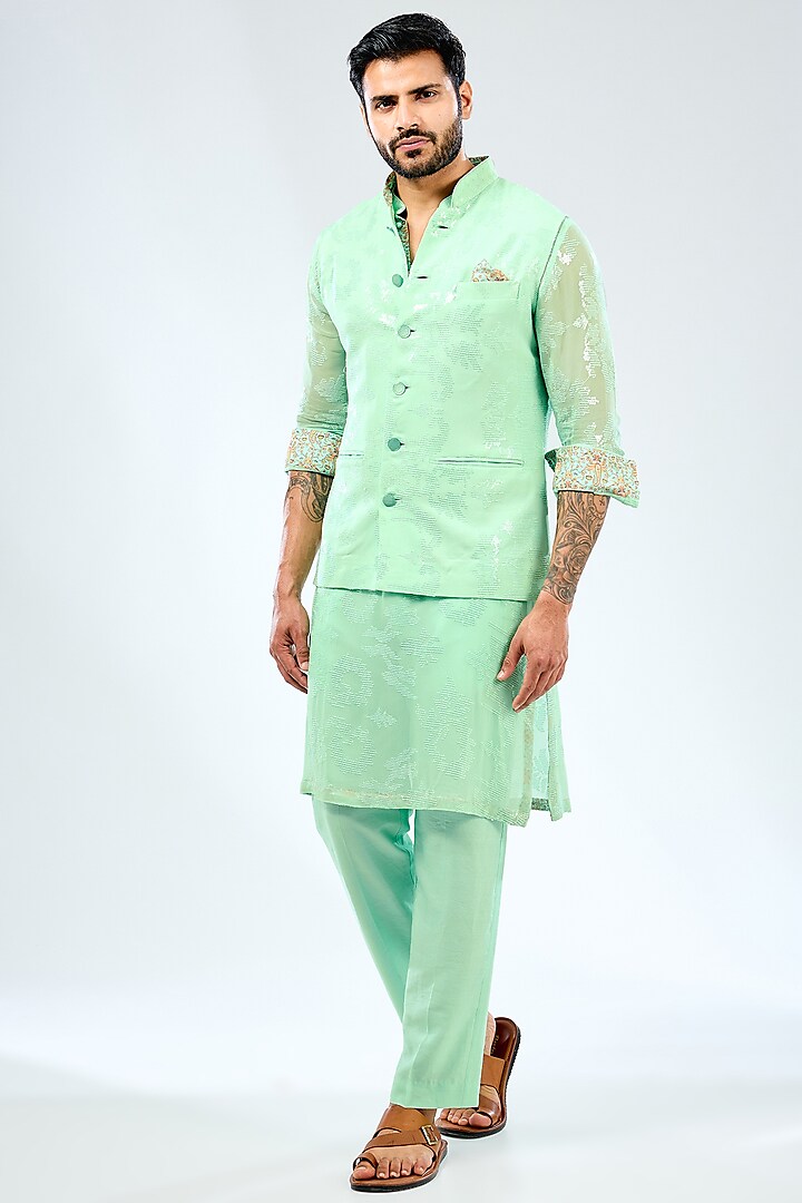 Aqua Georgette Sequins Embroidered & Printed Bundi Jacket Set by Rabani & Rakha Men at Pernia's Pop Up Shop