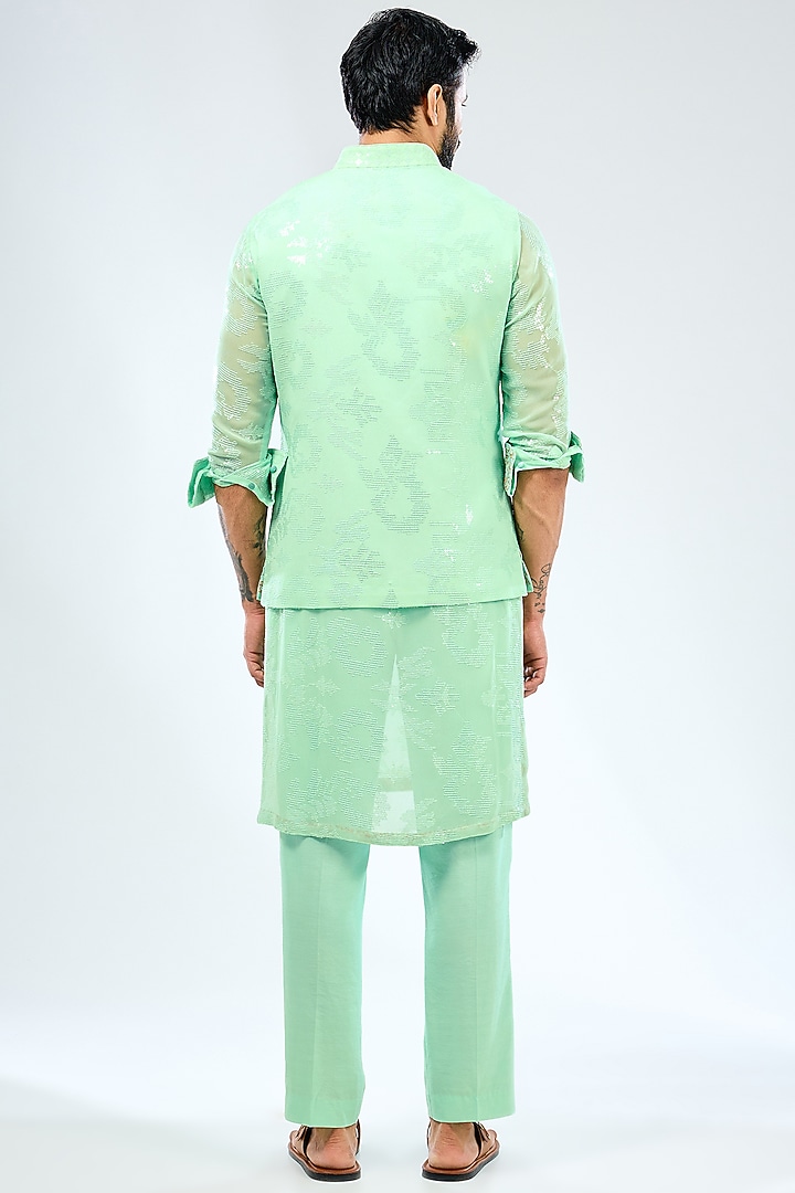 Aqua Georgette Sequins Embroidered & Printed Bundi Jacket Set by Rabani & Rakha Men at Pernia's Pop Up Shop