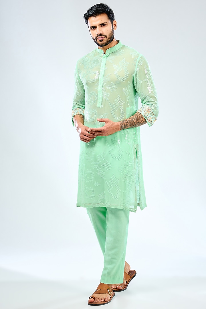 Aqua Georgette Sequins Embroidered & Printed Bundi Jacket Set by Rabani & Rakha Men at Pernia's Pop Up Shop