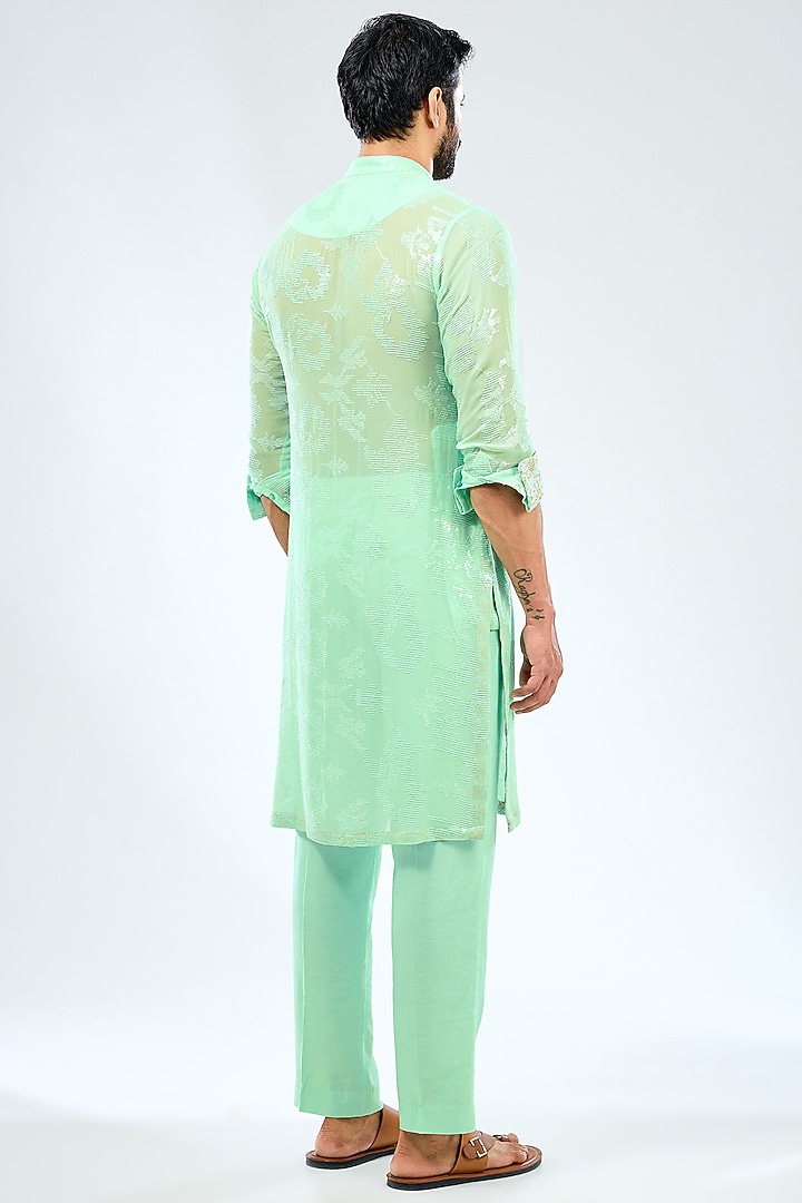 Aqua Georgette Sequins Embroidered & Printed Bundi Jacket Set by Rabani & Rakha Men at Pernia's Pop Up Shop