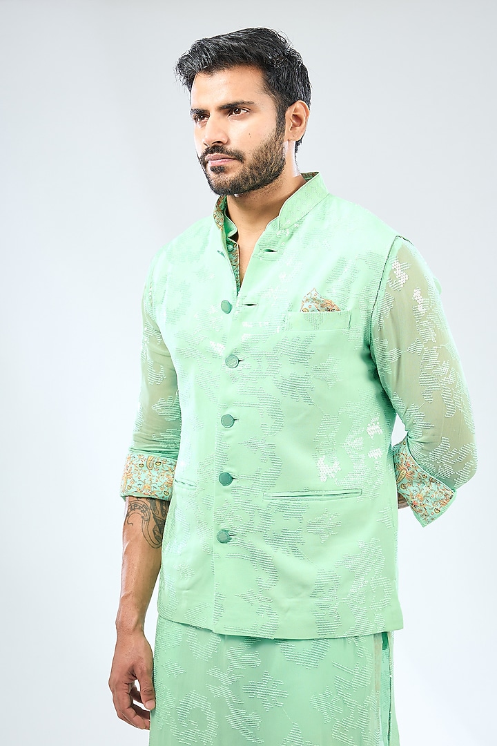 Aqua Georgette Sequins Embroidered & Printed Bundi Jacket Set by Rabani & Rakha Men at Pernia's Pop Up Shop