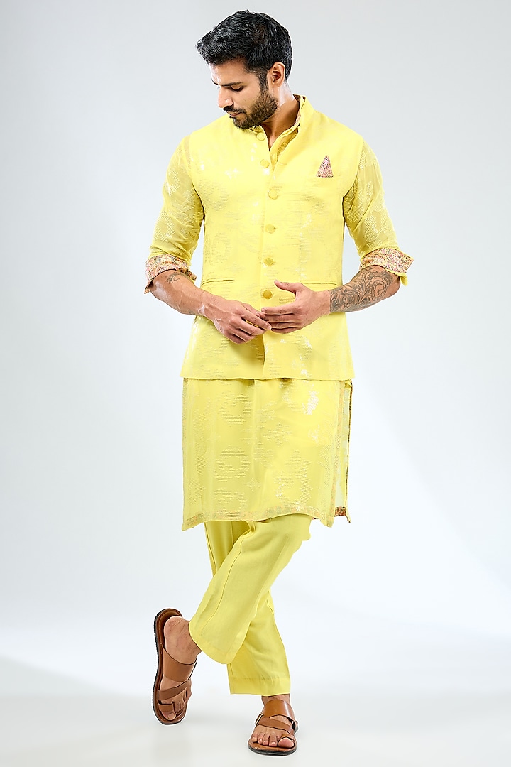 Lemon Yellow Georgette Thread Embroidered & Printed Bundi Jacket Set by Rabani & Rakha Men at Pernia's Pop Up Shop