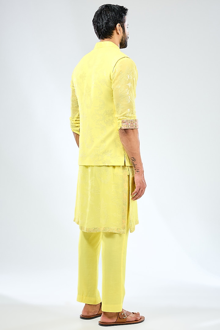 Lemon Yellow Georgette Thread Embroidered & Printed Bundi Jacket Set by Rabani & Rakha Men at Pernia's Pop Up Shop