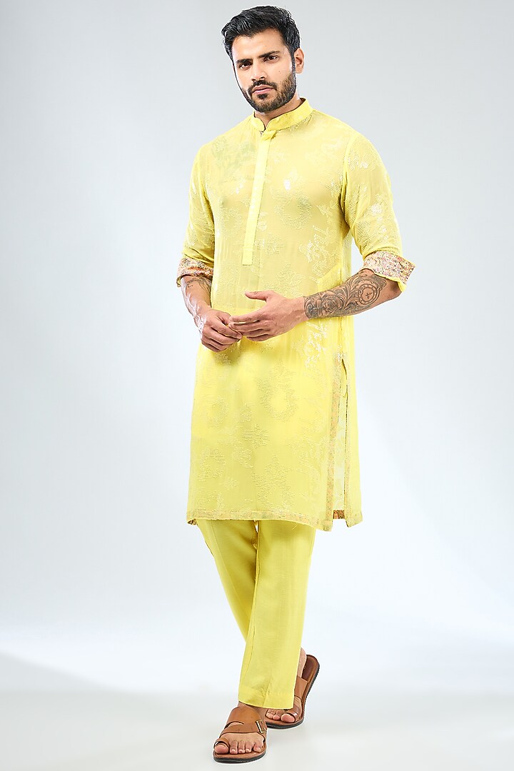 Lemon Yellow Georgette Thread Embroidered & Printed Bundi Jacket Set by Rabani & Rakha Men at Pernia's Pop Up Shop