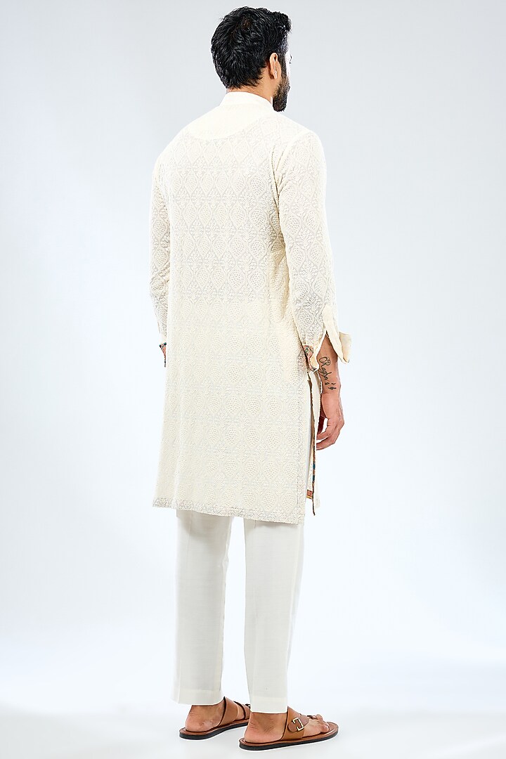 Ivory Georgette Thread Embroidered & Printed Kurta Set by Rabani & Rakha Men at Pernia's Pop Up Shop