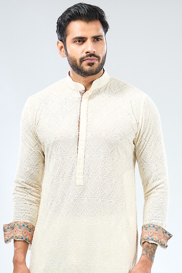 Ivory Georgette Thread Embroidered & Printed Kurta Set by Rabani & Rakha Men at Pernia's Pop Up Shop